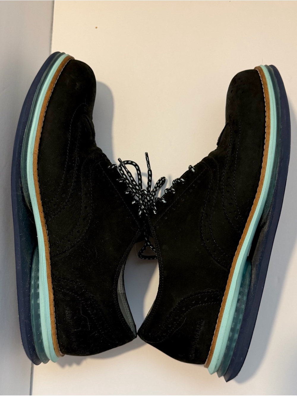 Cole Haan Black Suede Lace-Up Flats with Teal & Navy Layered Sole